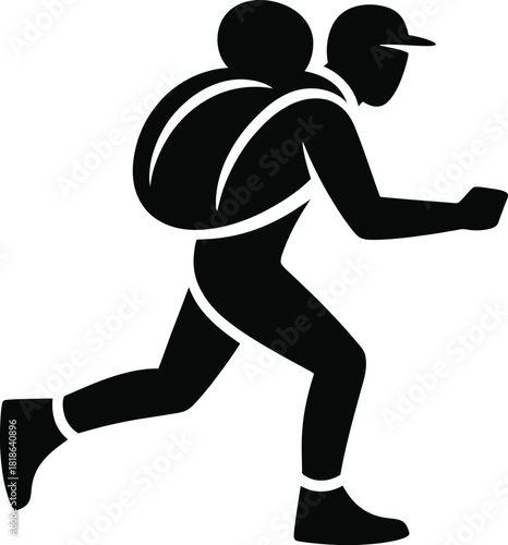 Silhouette of a running hiker with backpack and trekking pole stick