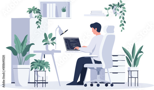 A man sits at a desk working on a laptop in a modern office space with plants and a minimalist aesthetic conveying a calm and focused mood.