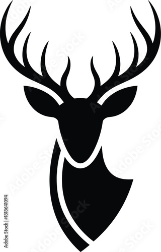 Stylized black silhouette of a deer head with antlers on white background stag buck
