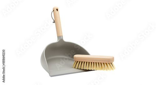 A grey dustpan and brush set with wooden handles on transparent background.