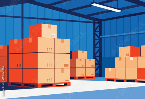 Graphic illustration of a warehouse interior with stacked boxes on pallets, under blue ceiling