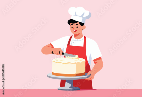 A smiling chef, wearing a toque and apron, icing a cake on a stand. Vector illustration with a pastel palette