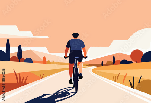 A cyclist rides on a road, back to the viewer, with landscape scenery and sunset color palette