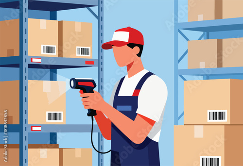 A worker scans a barcode on a box with a handheld scanner in a warehouse setting with shelves full of parcels