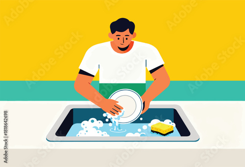 A man washes a dish in a sink with bubbles and a sponge, in a flat illustration style