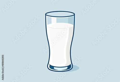 A full glass of milk, drawn in a simple style, with blue outline. Milk and glass on a blue background