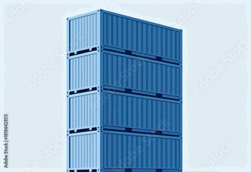 A stack of blue shipping containers arranged vertically, in a cartoonish, minimalist art style