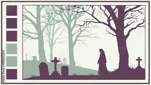 Mournful Woman Silhouette Walking in Foggy Cemetery with Gravestones. Reflective Grief, Loss, and Remembrance for Funeral Service Design.