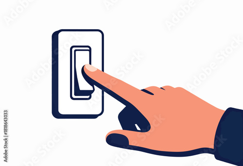 A hand, with colored skin, presses a light switch against a white wall in a graphic illustration