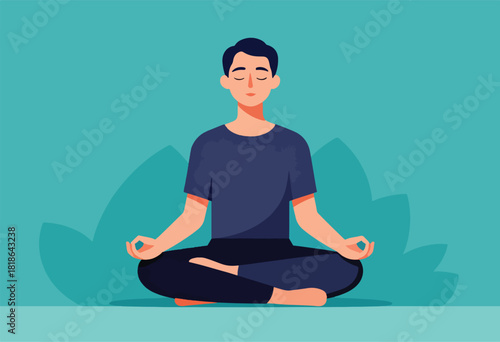 Illustration of a person meditating in lotus position with closed eyes on a turquoise background