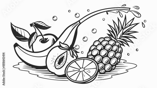 Black and White Fresh Fruits with Water Splash Line Art for Healthy Drinks, Food Packaging, and Wellness Promotion