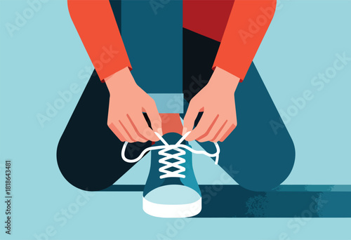 Illustration of person tying shoelaces on blue sneakers, hands close-up, flat design