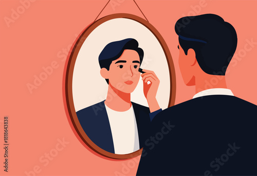 Illustration of a man applying makeup in front of a mirror, another man is seen reflecting