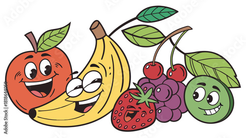 Smiling Cartoon Apple Banana Strawberry Grapes Illustration for Kids Healthy Eating Nutrition and Fun Food Campaigns