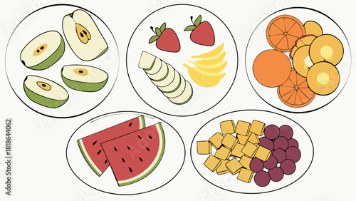 Vibrant Collection of Fresh Cut Fruits on Plates. Healthy Eating, Nutrition, and Diet for Wellness. Delicious Snacks and Meal Prep.