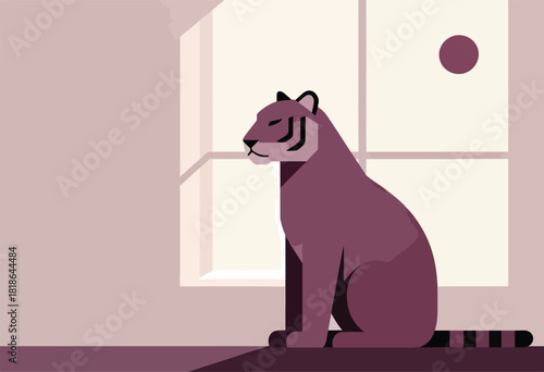 A minimalist illustration features a seated tiger with closed eyes against a soft-toned backdrop with a window