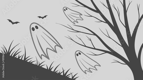 Flying Halloween Ghosts and Bats with Spooky Bare Tree on Grassy Hill Illustration for Seasonal Party Invitations and Web Design