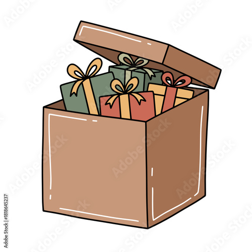 Gift box filled with colorful presents and bows on white background  