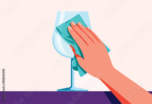 A hand, with a teal cloth, polishes a wine glass against a soft beige background. Purple table