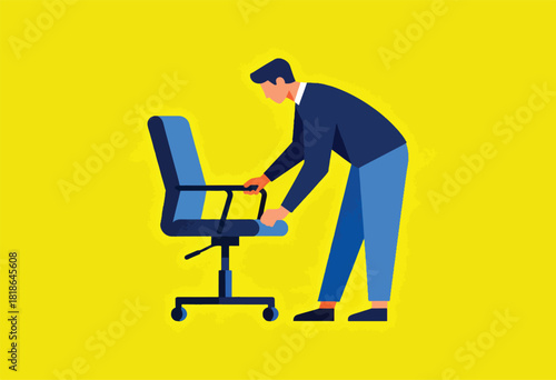 A flat illustration depicts a figure adjusting an office chair on a bright yellow backdrop