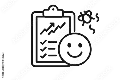 Successful business performance review with checklist, upward graph, and happy face symbol