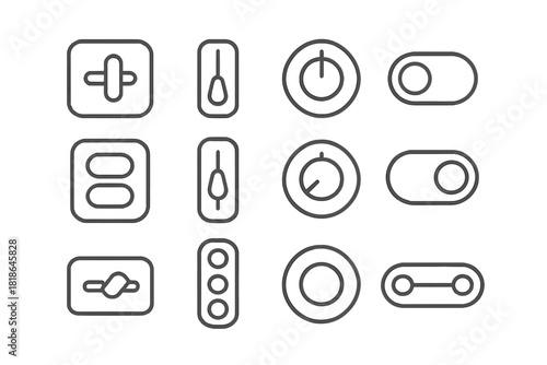 User interface control icons collection featuring power buttons, toggle switches, rotary dials, and sliders