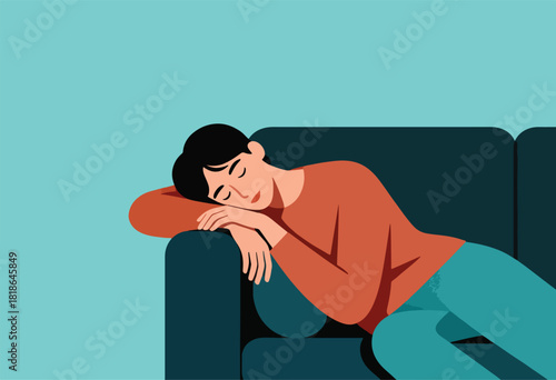 A stylized illustration of a person asleep on a dark blue couch, resting against a pale turquoise background