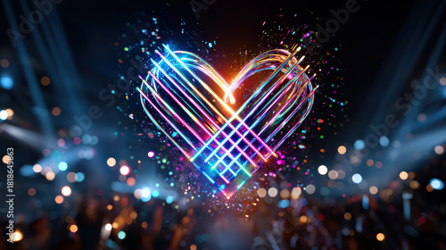 Vibrant glowing heart logo for song contest music festival. colorful light on stage creates passionate and celebratory concert show