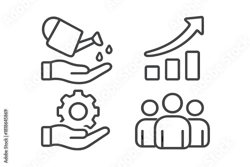 Business development and growth icons set featuring teamwork, process, nurturing, and financial success