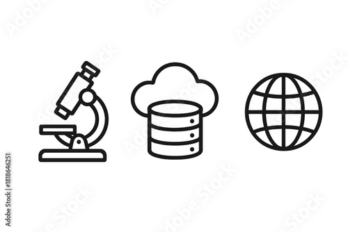 Outline icons representing scientific research, cloud data storage, global network connectivity, and technology concepts