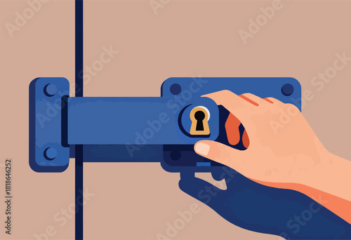 A vector illustration depicts a hand operating a blue door latch. A golden keyhole is featured in the design