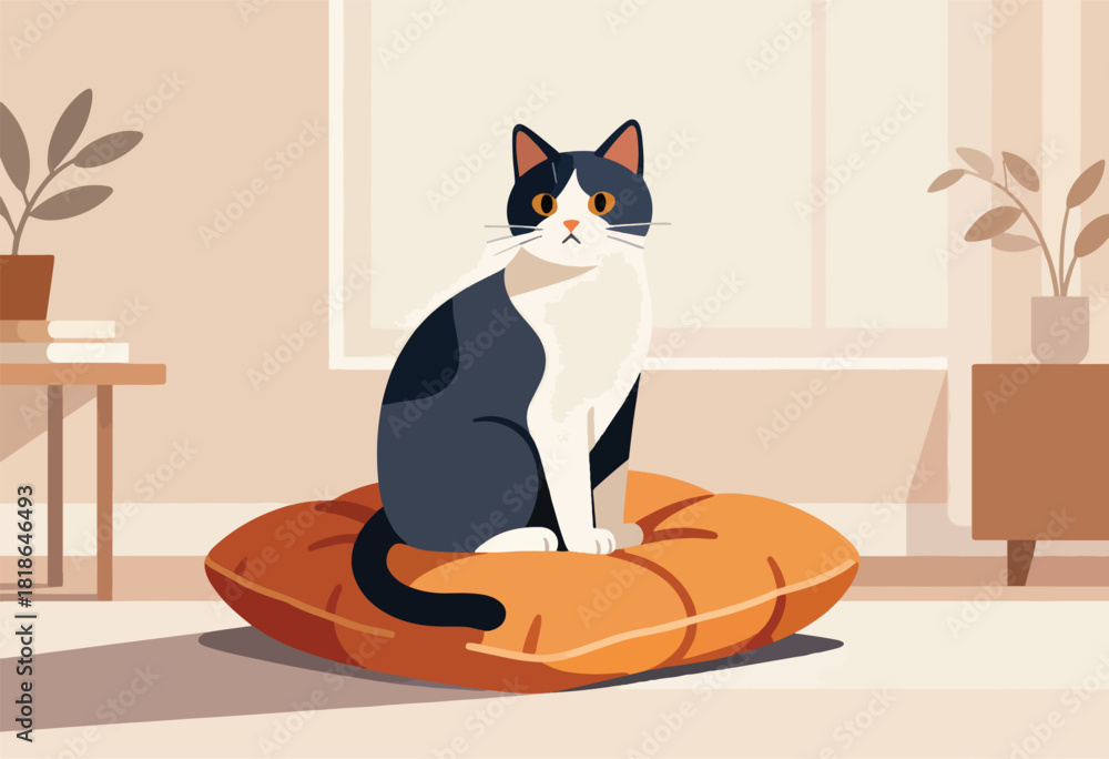 Fototapeta A black and white cat sits on an orange pillow in a beige-colored room. Plants and small tables surround
