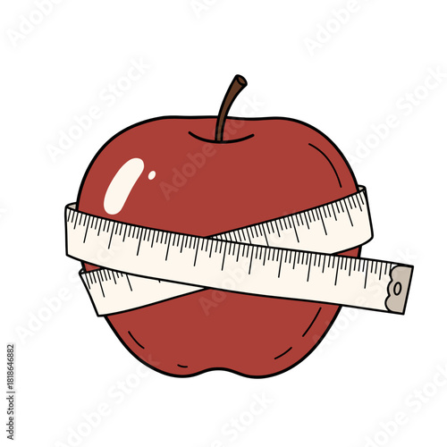 Red apple wrapped with measuring tape representing health concept  