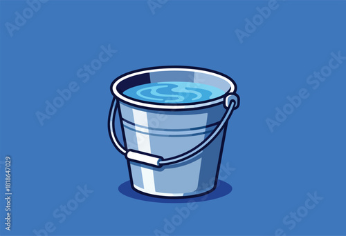 A cartoon bucket, full of water, sits on a blue backdrop. It has a handle. The water surface has ripples