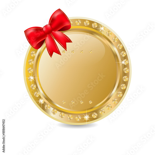 golden badge with red bow