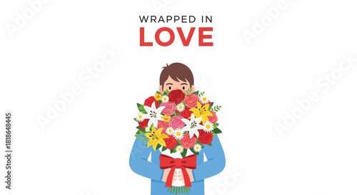 Man holding a large bouquet of colorful flowers with a red bow text wrapped in love