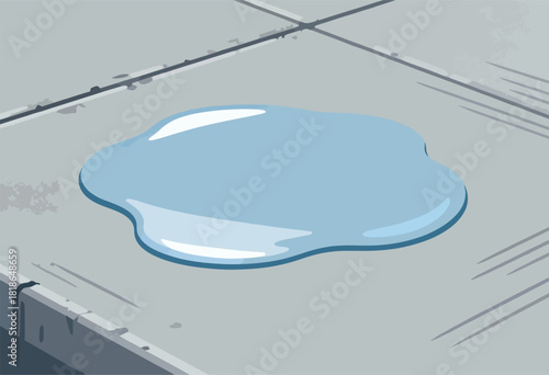 A large puddle of water with a slight blue hue sits on a worn, light grey tiled surface