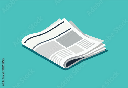 A stack of newspaper in isometric view on a teal background. The image has a simple, modern design