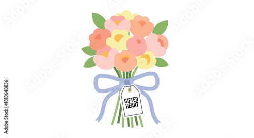 A beautiful bouquet of pastel colored flowers tied with a light blue ribbon and a gift tag that says gifted heart