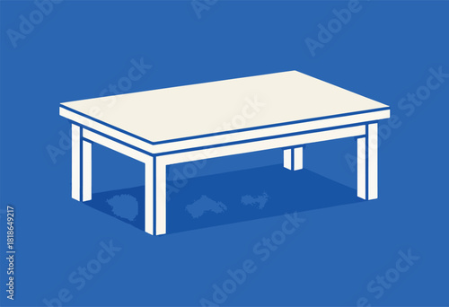 A light-colored rectangular table with minimalist design, against a vibrant blue background. Its shadow is also visible