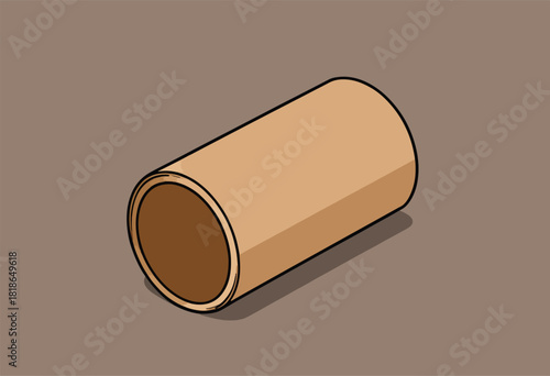 Isometric view of a cylindrical tube object with a dark brown interior and a shadow cast on a gray surface