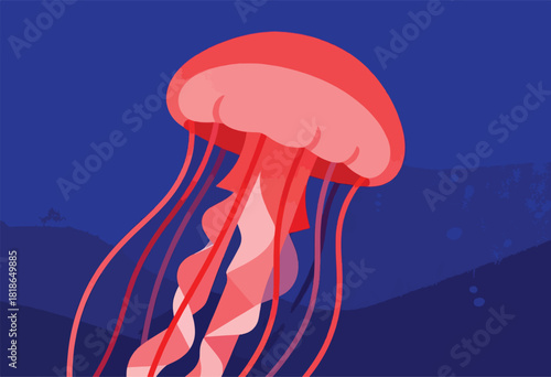 A stylized image of a jellyfish with a red bell and flowing tentacles against a deep blue background