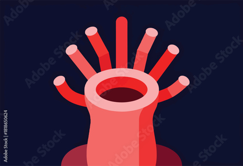 Abstract illustration of a circular structure with outstretched tubular elements, a top-down view on a dark blue background