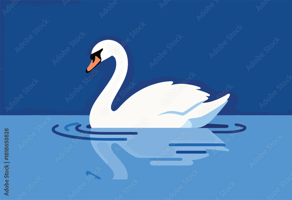 Fototapeta premium A serene vector illustration of a swan gracefully floating on calm blue water. Its reflection is visible