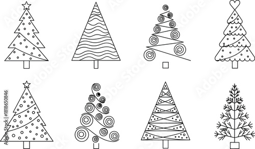Set of Christmas tree line art icons, black and white doodle fir trees, abstract holiday pines for winter vector decoration.