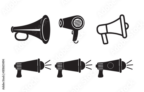 Set of different megaphone icons and a hairdryer icon, communication and styling symbols