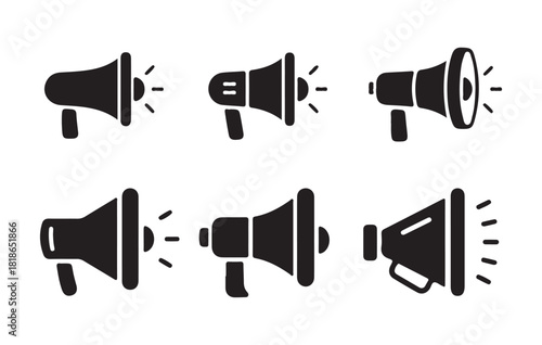Set of black megaphone vector icons with sound waves isolated on a white background design