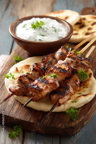 Perfectly grilled Greek souvlaki served with fresh flatbreads. Souvlaki skewers of grilled pork with flatbreads, and a creamy dip, making a delicious meal. Generative AI image