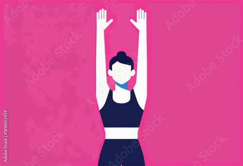 A graphic illustration shows a person in workout attire, arms overhead, on a textured, pink backdrop