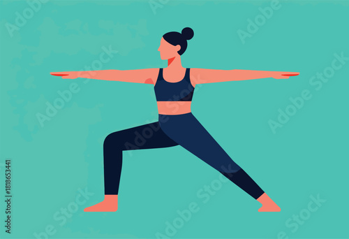 Illustration depicts a person in a yoga pose against a textured teal background, arms extended